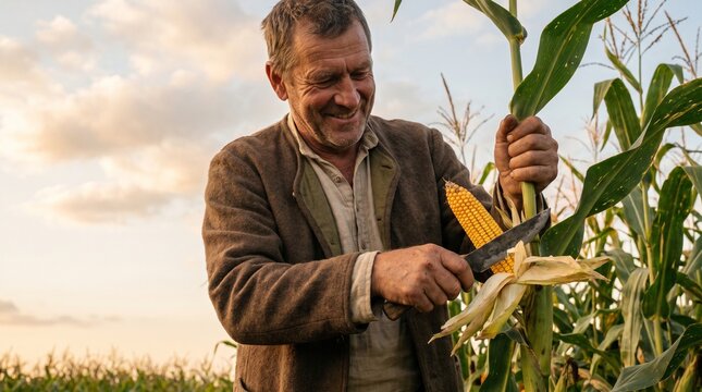 Smiling farmer harvesting corn with knife in field at sunset