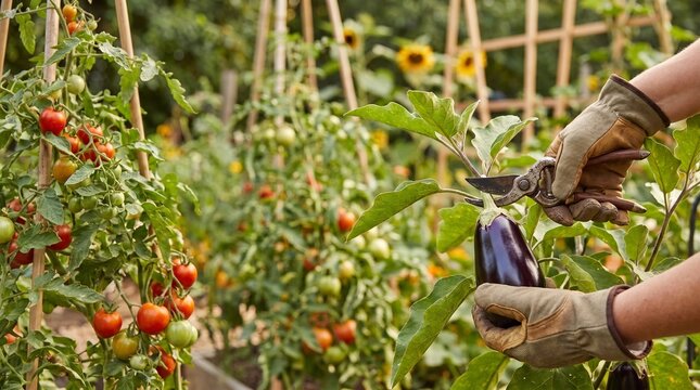 Hands harvesting eggplant with pruning shears in vegetable garden