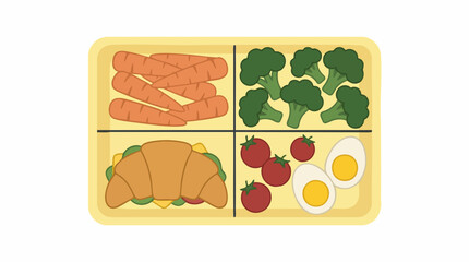 Fototapeta premium Healthy lunchbox with croissant sandwich, carrots, broccoli, tomatoes, eggs