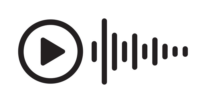 Audio playback play button with voice sound wave frequency spectrum for podcast and music application.
