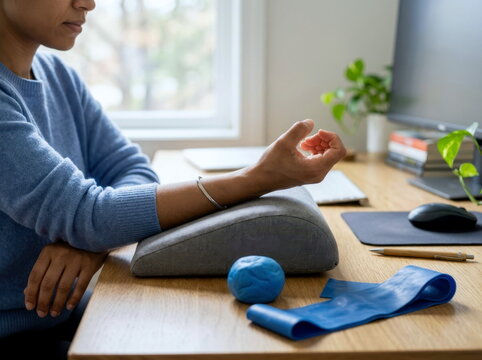 Person at a table performing wrist tendon glides after typing strain, with therapy putty, a resistance band, and a forearm support pillow. Bright daylight, tidy home-office backdrop, focused hands