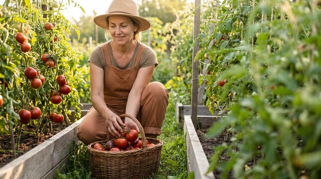 Woman harvesting tomatoes in raised garden beds at sunset