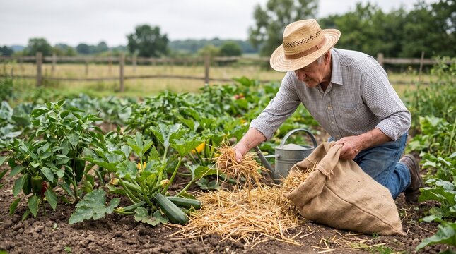 Senior gardener mulching zucchini plants with straw