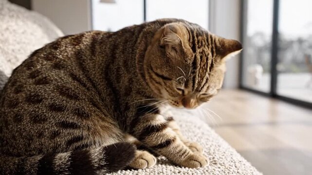 Brown Tabby Cat Grooming Itself on Sofa