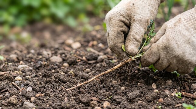 Gloved hands pulling weed with long root from garden soil