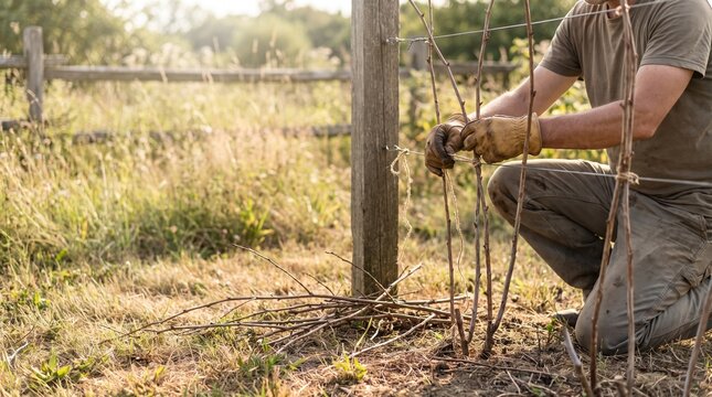 Man tying raspberry canes to trellis wire in fruit garden