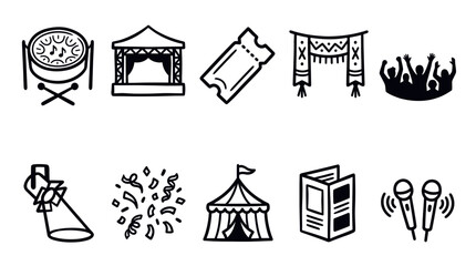Fototapeta premium Festival Event and ticket Stage Outline Icon Vector Set
