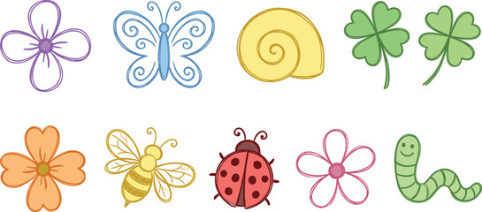 Cute Hand Drawn Spring Nature Icon Set Featuring Flowers Butterfly Snail Clover Bee Ladybug and Caterpillar Vector Elements for Kids Designs. © Sagor