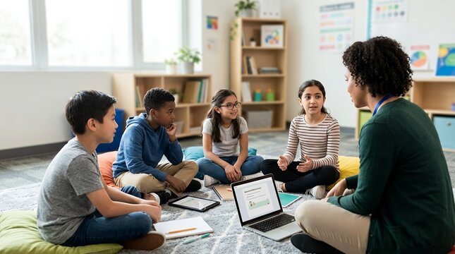 Diverse group of elementary students sitting on the floor in a classroom with their teacher.