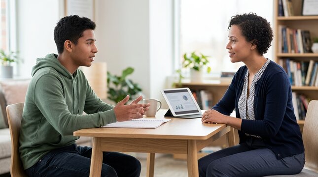 A young male student having a productive tutoring session with his female teacher in a bright home office.