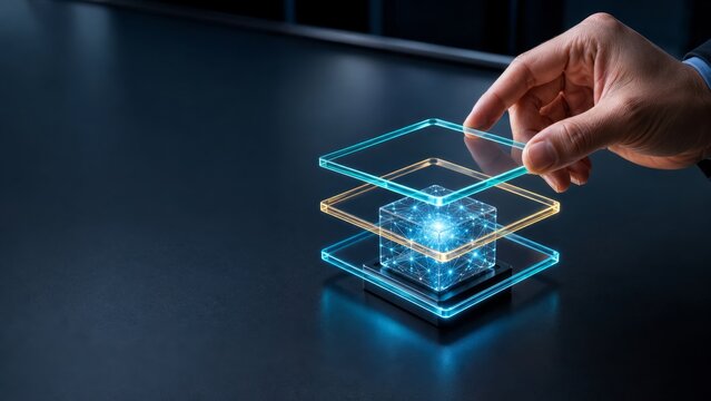 Innovative Concept of Layered Data Visualization with Transparent Panels and Bright Core Representing AI Access Control and Security Functionality