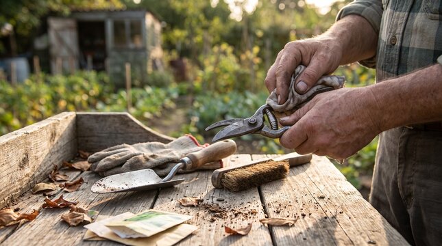 Cleaning pruning shears after gardening