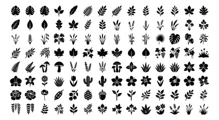 Minimalist black leaf and flower icons, 112 botanical nature silhouettes, flat floral vector elements for eco branding and garden design © chasad
