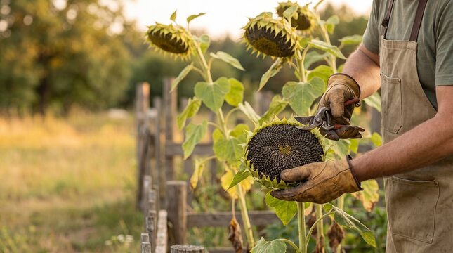 Harvesting sunflower seeds in garden