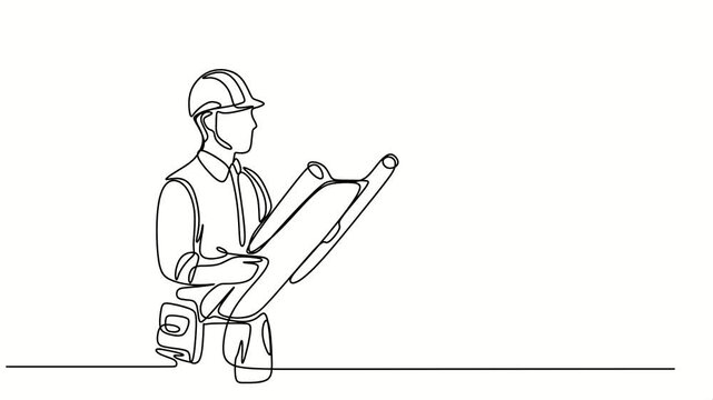 Single continuous animation line drawing of young construction worker. Building architecture business concept. One line draw design vector	
