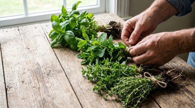 Bundling fresh herbs for drying and storage