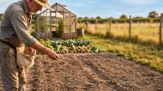 Farmer sowing cover crop seeds to improve soil in vegetable garden