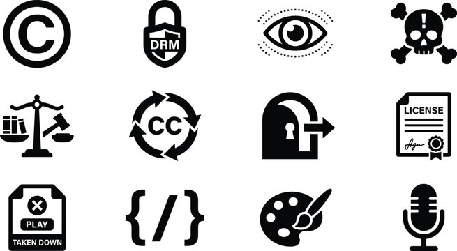 Copyright Intellectual Property Protection Icon Set with Law License Piracy and Creative Content Security Symbols for Graphic Apps vector design