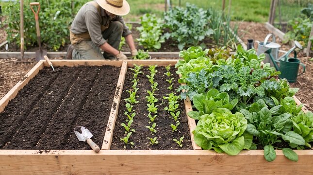 Gardener sowing vegetable seeds and growing leafy greens in raised garden beds