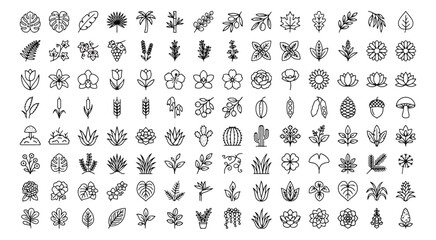 Minimalist nature line icons set, 112 botanical vector symbols of leaves and flowers, black outline floral elements for branding and web design © chasad