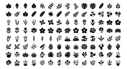 Minimalist nature icons set, black floral silhouettes and botanical leaf symbols, 112 organic garden elements in vector format for web design © chasad