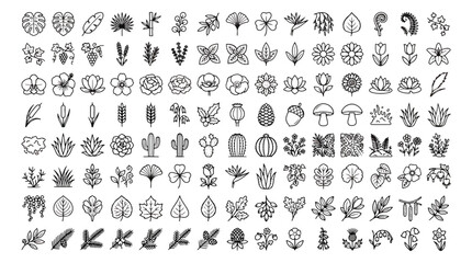 Minimalist botanical line icons, set of 126 floral and leaf vector symbols, black outline nature elements for branding and web design © chasad