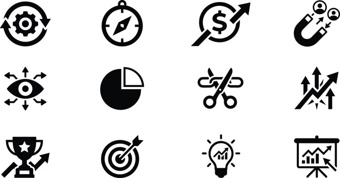 Corporate Business Strategy and Performance Management Icon Set with Strategic Alignment Operations Growth and Insight Symbols vector design