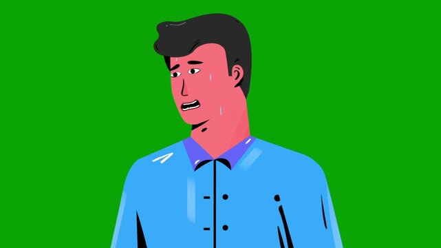 Nervous Sweating Young Man Cartoon Character on Green Screen