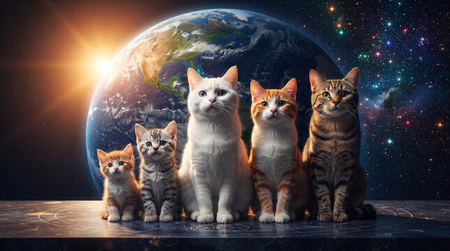 Cute cats and kittens sitting together in outer space with planet Earth and stars in the background, Space exploration concept featuring adorable domestic cats posing in  cosmic view of Earth 