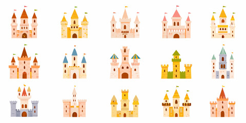 Colorful cartoon castle illustrations on a white background © BidhanChandra