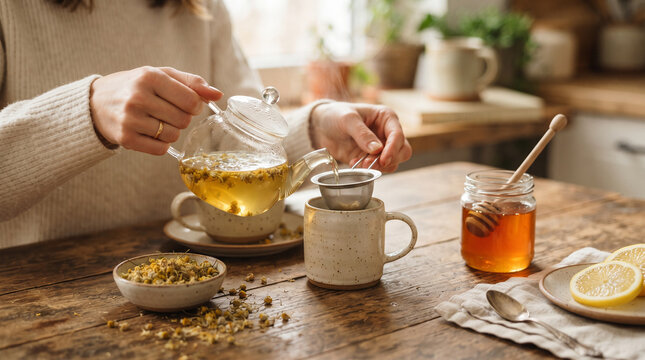 A person in a beige sweater pouring hot chamomile tea from a glass teapot into a ceramic ad social media download thambnail poster web template event festival 2026 2027 2028