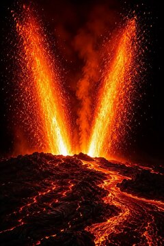 Twin lava fountains erupting from volcanic fissure vent at night with glowing pahoehoe lava flow field and illuminated gas cloud, shield volcano eruption