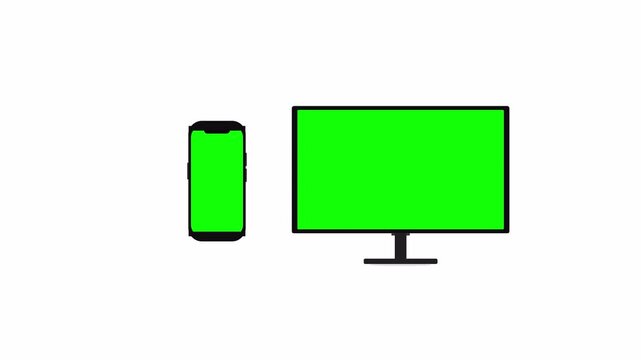 Television and mobile phone mockup green screen animation, LCD monitor with smartphone motion graphic display, alpha channel transparent background for app and TV commercial