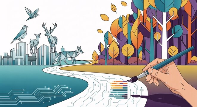A hand painting a vibrant, stylized forest from a digital cityscape with geometric animals and circuit patterns.