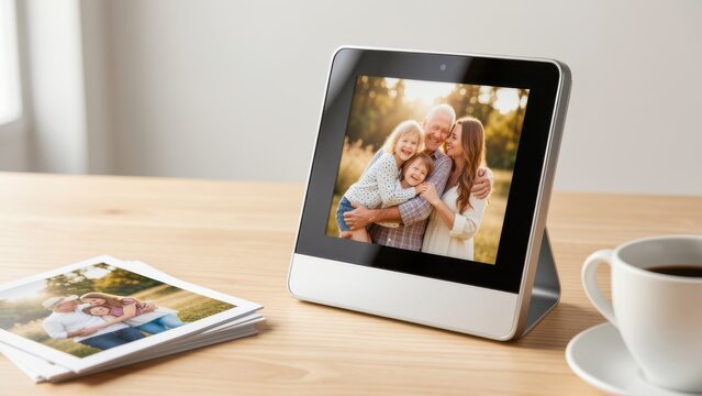 modern digital photo frame displaying family memory on wood surface with coffee and prints for lifestyle marketing concept