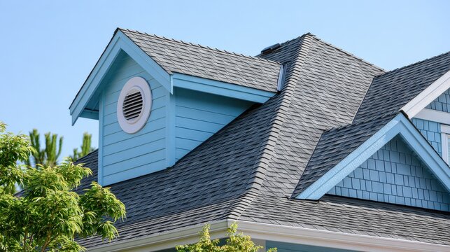 A close up view of a blue house roof with shingle tiles and a dormer window. Perfect for architecture and.