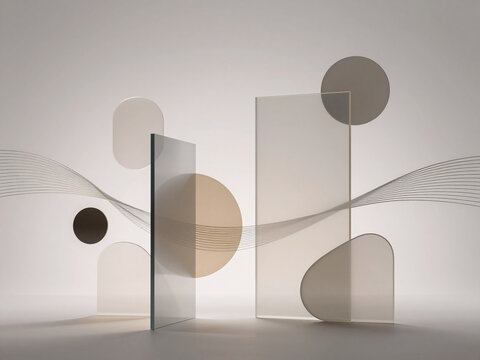 Minimalist Abstract Composition of Glass Panels Circles and Arches in Neutral Tones
