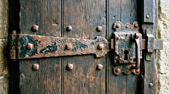 Rusted Iron Door Lock and Hinge on Dark Wooden Door