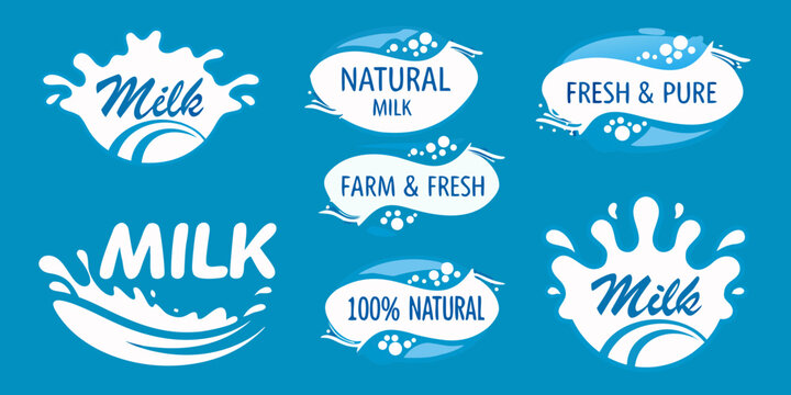 Milk splash vector logos with text blue background collection