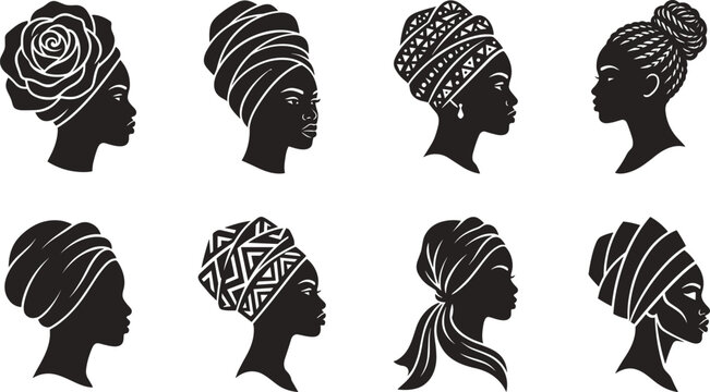 Set of eight silhouettes of women profiles wearing various styles of headwraps and traditional hairstyles