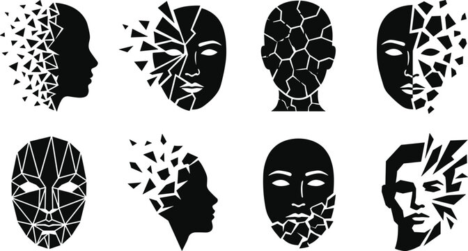 Set of human face silhouettes with shattered and fragmented geometric effects in black and white