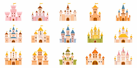 Colorful Cartoon Castle Illustrations On White Background © Hemlata