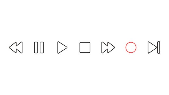 Media player control button icon set for and audio with playback, interface