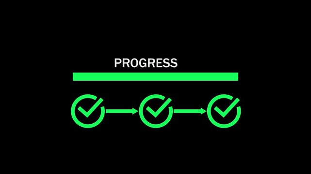 Abstract 3 step infographic progress with check mark icon animation. Step-by-step process icon animation. Progress bar with checkmarks animation on black background