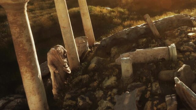 Columns lie scattered on the ground at a historical site. The sun shines on the ruins as grass grows around them. This area shows signs of past civilization and architecture.