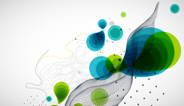 Abstract geometric background with green and blue circles and wireframe wave. Vector