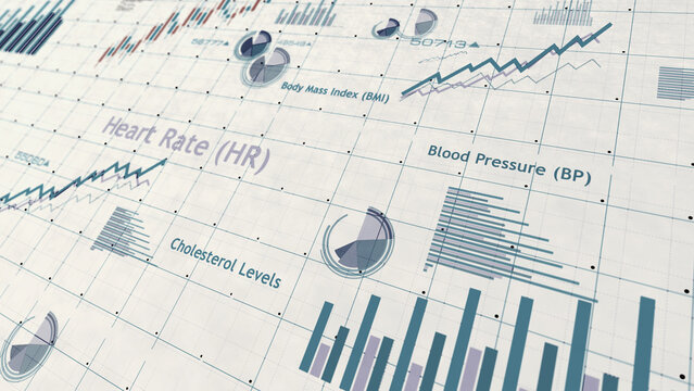 Health heart and body charts and graphs diagram on paper 3d illustration
