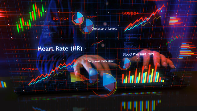 Health heart and body charts graphs display with man typing keyboard
