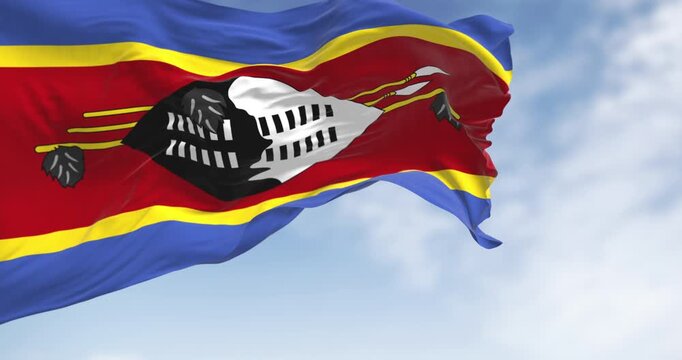 Close-up of Eswatini national flags waving a clear day