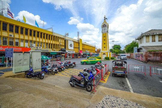 Nonthaburi, Thailand - June  16, 2026 : The central clock tower, a symbol of Nonthaburi province, is located in front of the passenger pier on the Chao Phraya River and the old provincial hall.